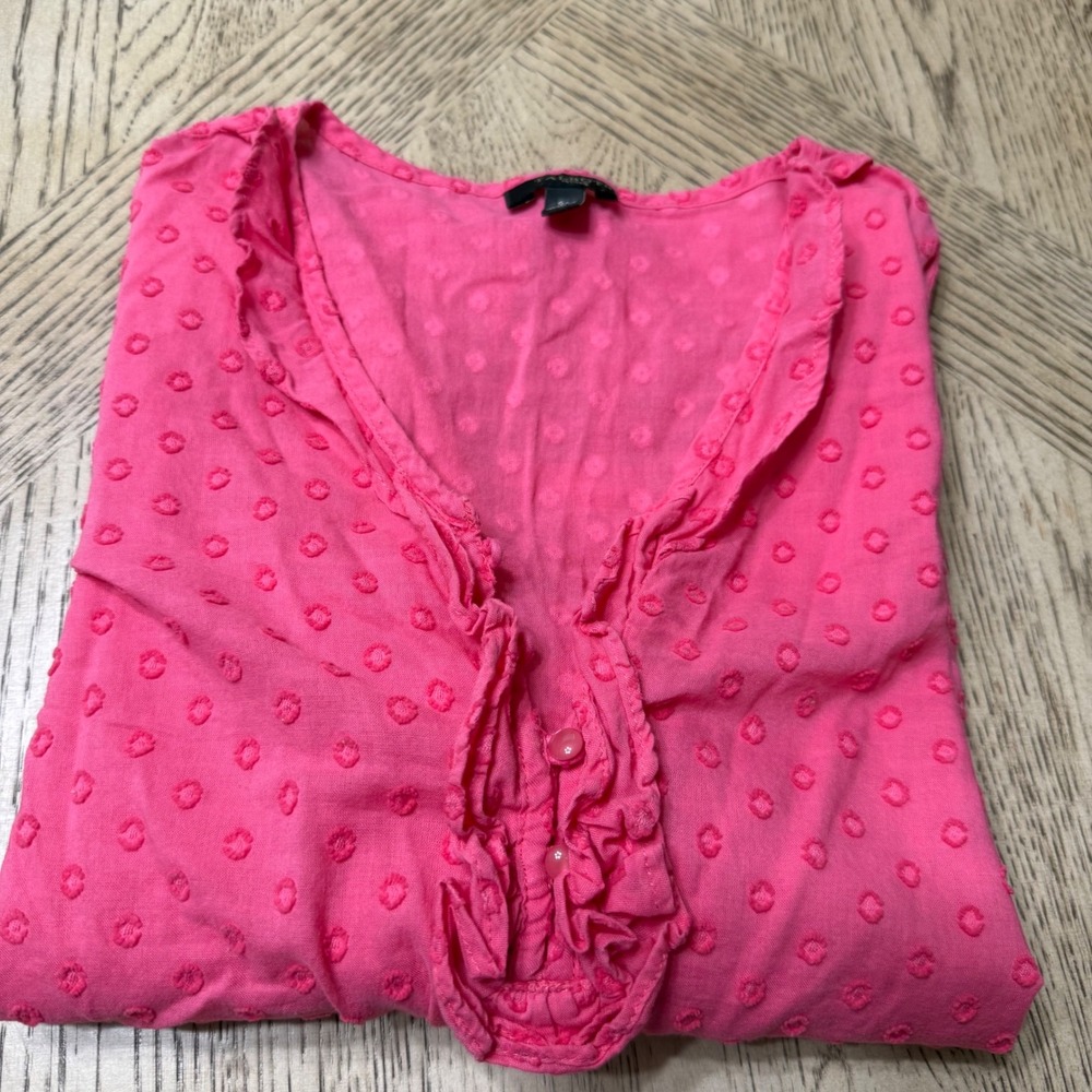 Talbots Petites Small Petite Pink Clip Dot Ruffle Front Blouse 3/4 Sleeve